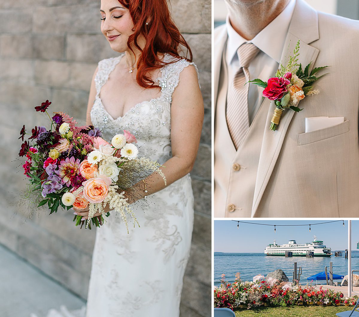 a bride with red hair holds a red and pink bouquet