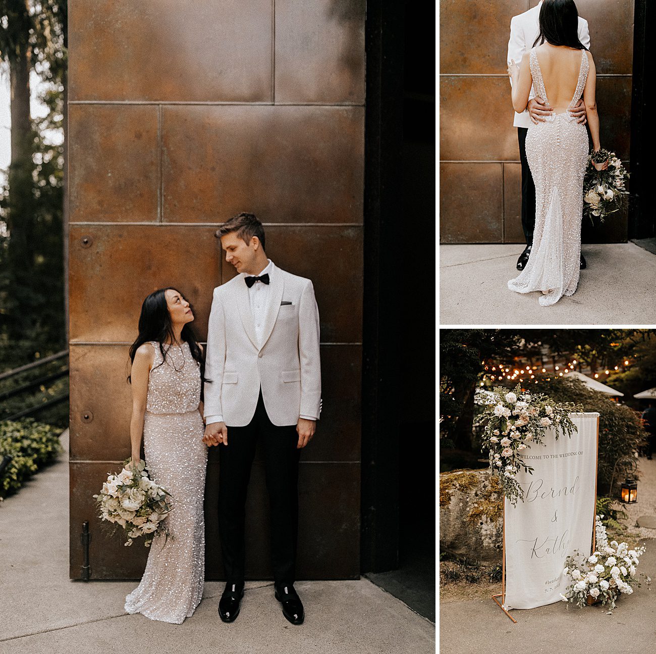 a bride in a sequin dress holding a bouquet looks at her groom