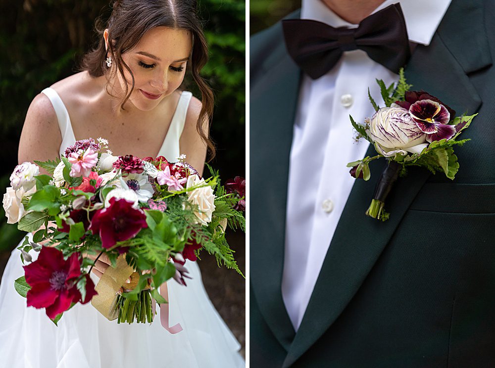 bridal- bouquet-groom-boutonniere-deep-red-clematis